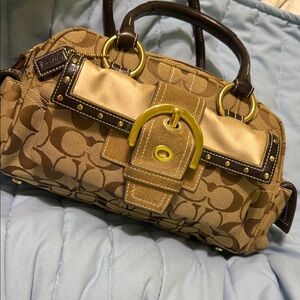 Y2K Rare Vintage Coach Boston mini Tan and Brown Satchel with Gold Buckle